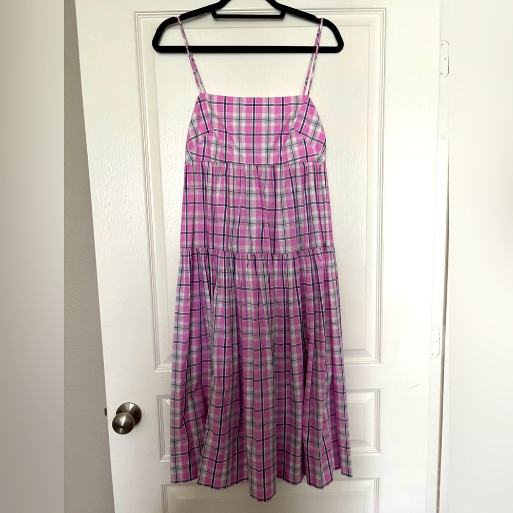 J. Crew Tie-back tiered poplin dress in violet plaid